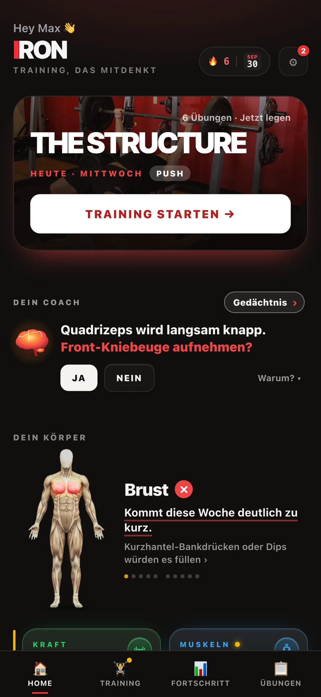 Home: Dein Coach fragt, ob die Front-Kniebeuge in den Plan soll